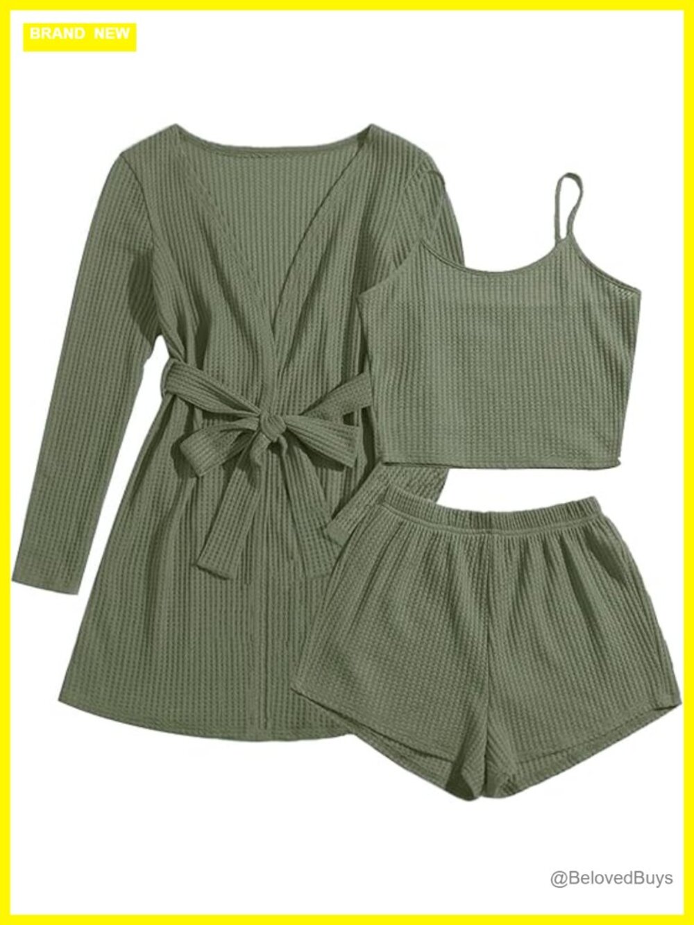 3 Piece Lounge Set Waffle Knit Tank Top Shorts Cardigan with Pockets